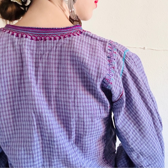 80s VTG Cotton Purple Plaid Mexican Indian Embroidered Skirt Folk Art Skirt Set - Picture 7 of 16